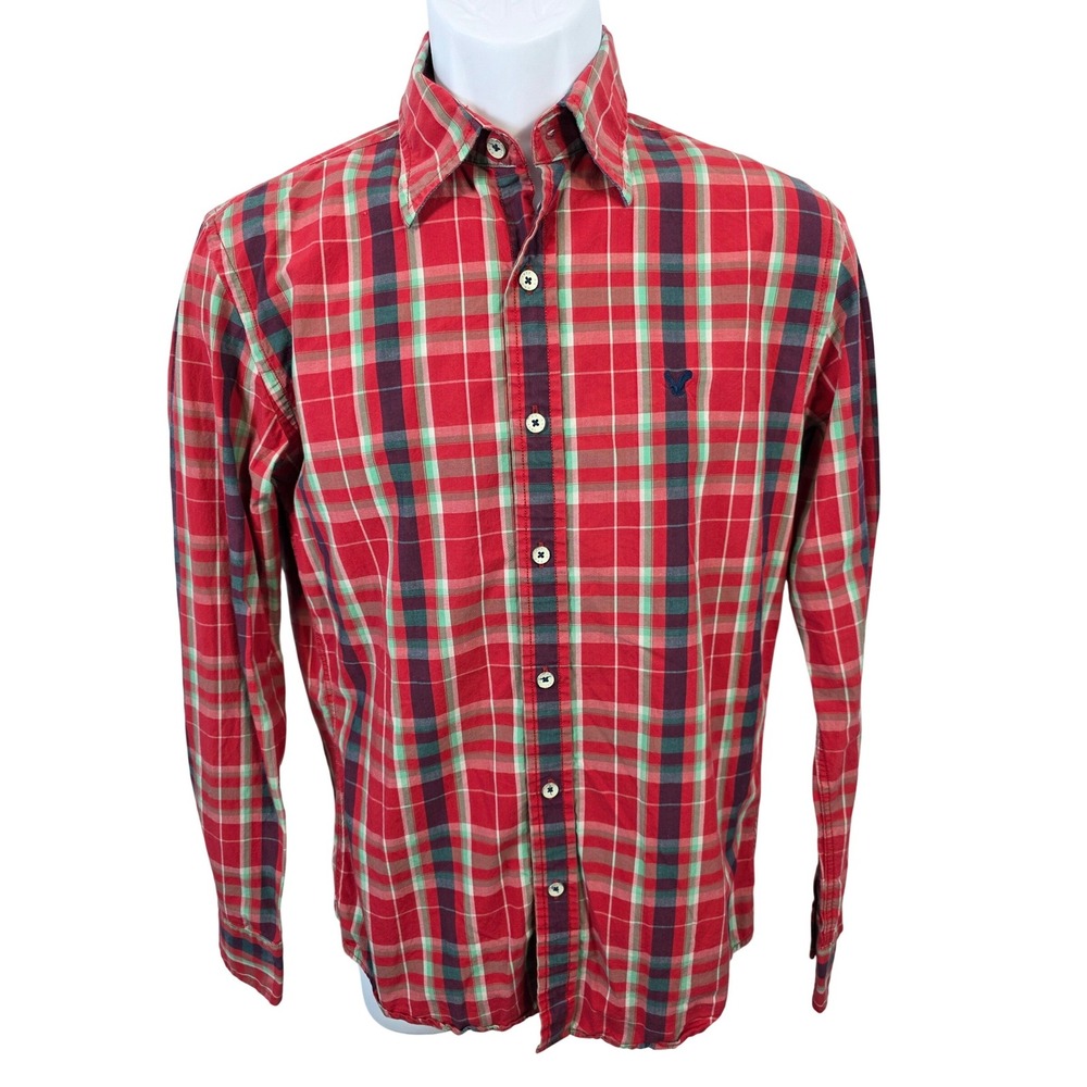 American Eagle Mens XS Vintage Fit Plaid Button Down Shirt Red Green Long Sleeve